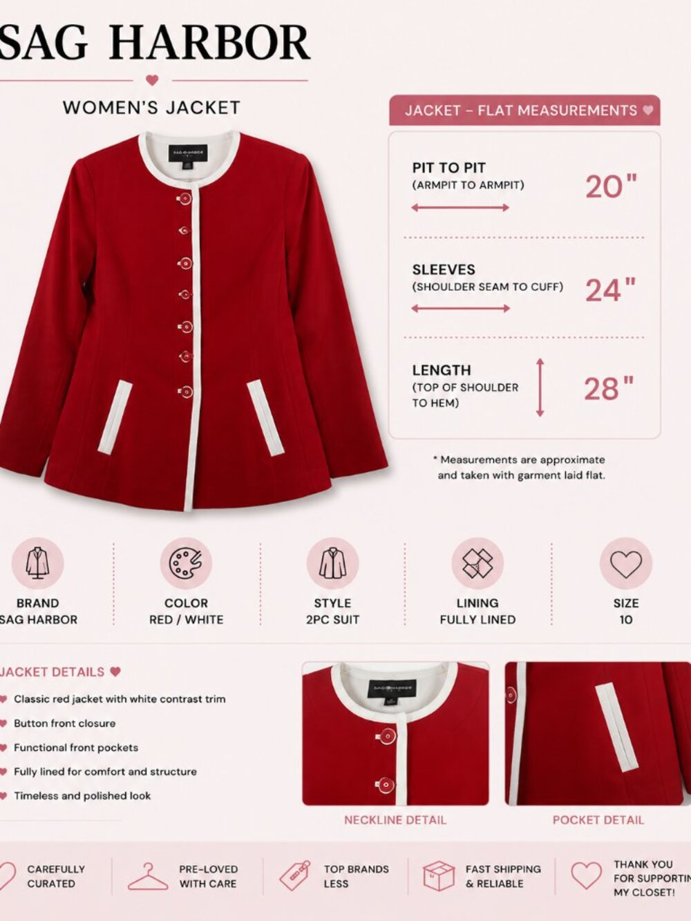Sag Harbor Women's 2Pc Jacket & Skirt Suit Red w/White Trim, Sz 10, Lined, Chic - Picture 2 of 16